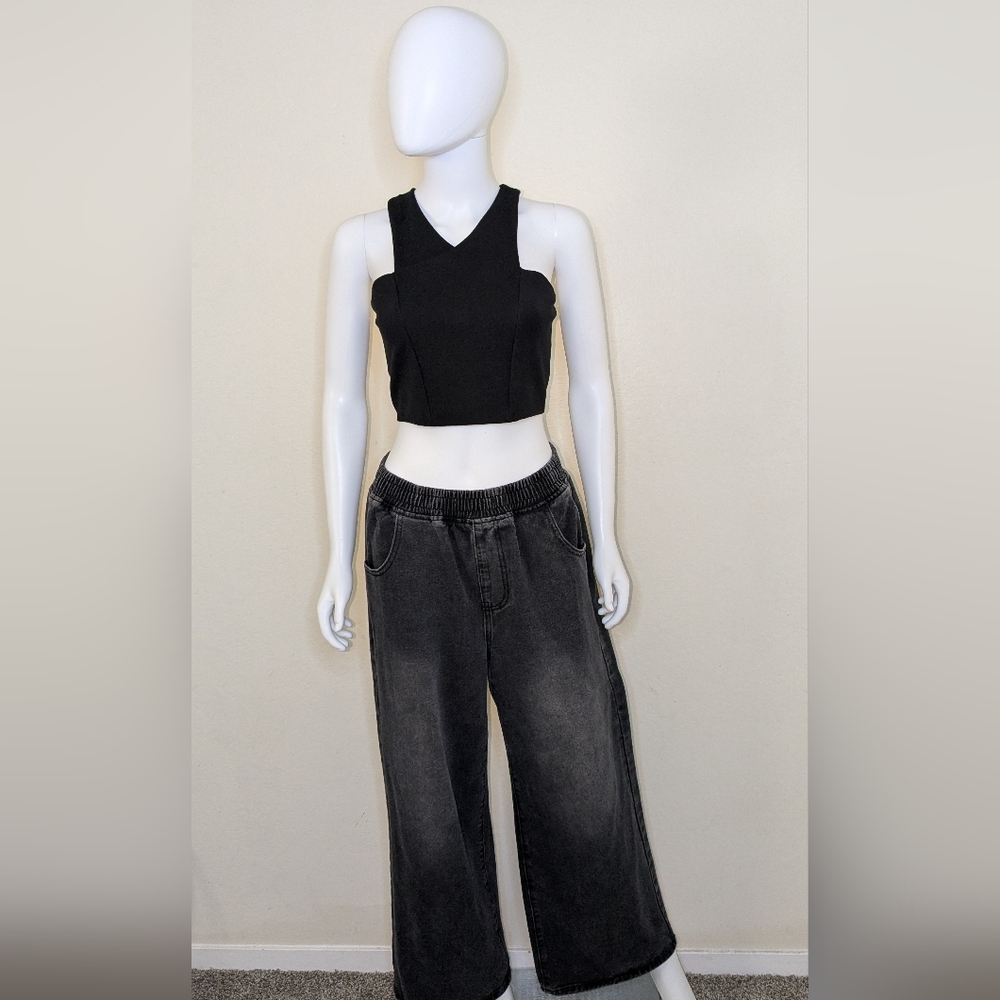 Express Black Crop Tank Top & Dazy Wide Leg Washed Black Jeans | Size Large